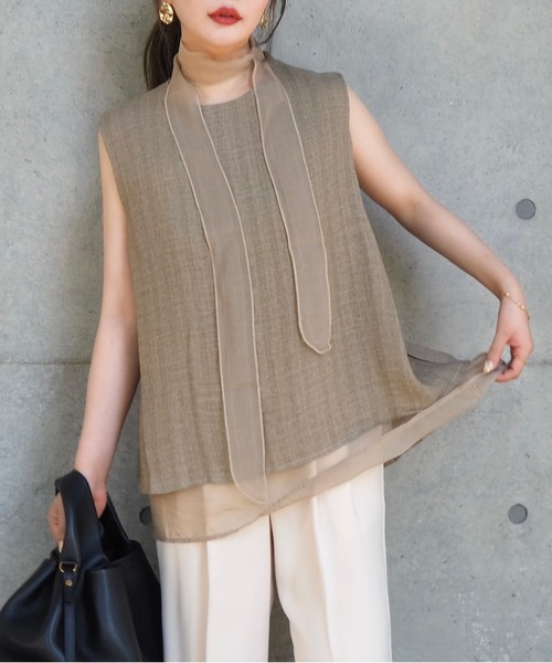 ブラウス シャツ scarf sheer layered tops /スカーフ付きシアー