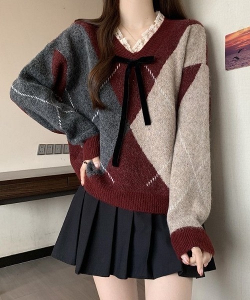 ViViDAY ニット セーター レースVネック フロントリボン ニットプル