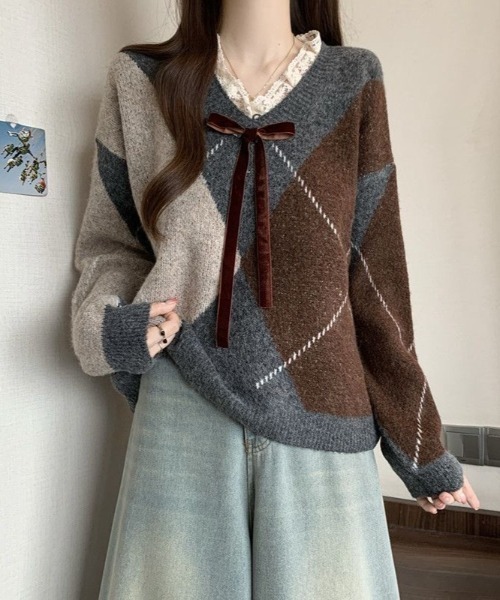 ViViDAY ニット セーター レースVネック フロントリボン ニットプル