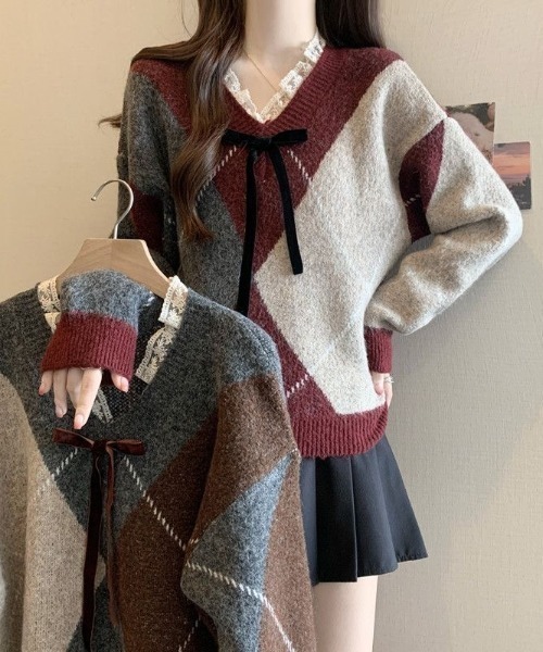 ニット/セーター V NECK RIBBON KNIT ViViDAY ニット セーター レースVネック フロントリボン ニットプル