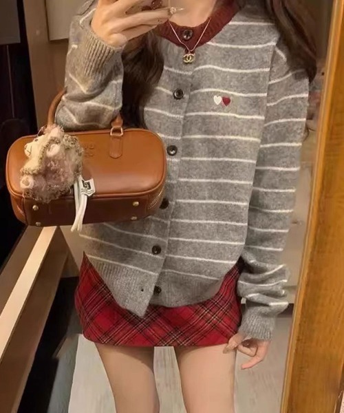 ニット セーター ダブルハート刺繍入り ボーダーニットカーディガン 