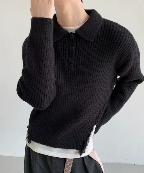 B.R.U セーター ニット カッティングフリンジリブポロニット メンズ