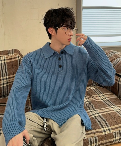B.R.U セーター ニット カッティングフリンジリブポロニット メンズ