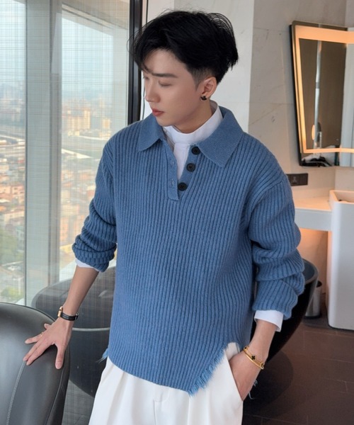 B.R.U セーター ニット カッティングフリンジリブポロニット メンズ
