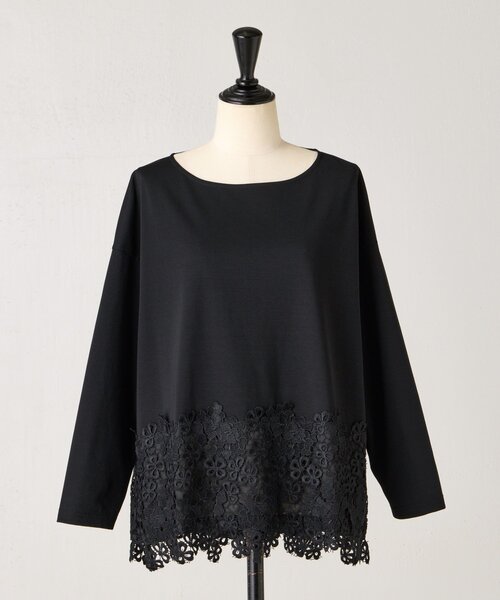 美品✨BEARDSLEY 刺繍レース Tシャツ切替トップス F 黒 体型カバー BEARDSLEY（ビアズリー） tシャツ 裾タムレースカットソー レディース