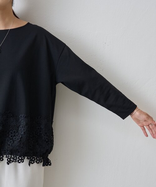 tシャツ 裾レースカットソー レディースの画像