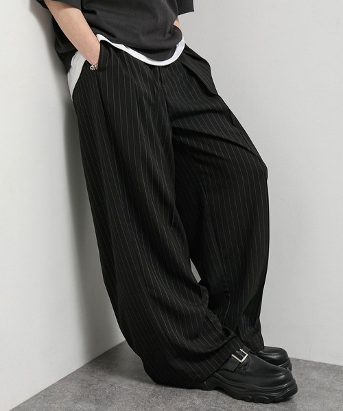 80s 90s Vintage 2タックバギーワイドスラックス ストライプ　黒 ワイドパンツ スラックス 「Alfred Alex」ドレープ 2タック ストレート