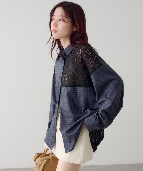 【hotaruです】レースパッチワークトップ❤️ ネイビー リボン付きパネルフラワーカットワーク刺繍コットンレースワンピース