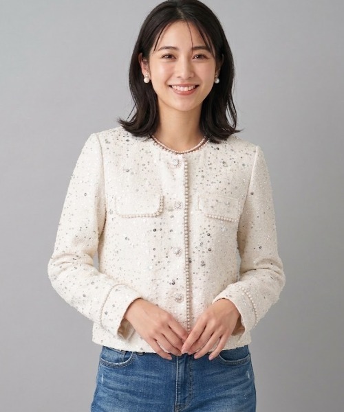 Lana821 ジャケット ノーカラージャケット 縁取りパールアクセント