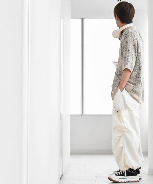 Wide straight tech cargo pants (Washer nylon)/ワイド