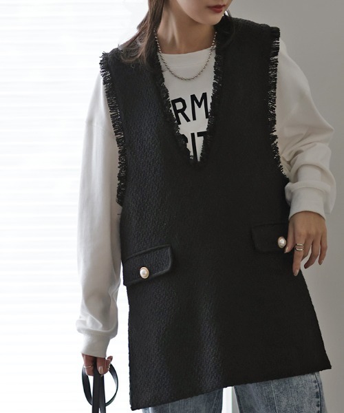 ルルウィルビー 黒 ツイードジレ パールボタン付き パールボタンツイードジレ | Vogue official