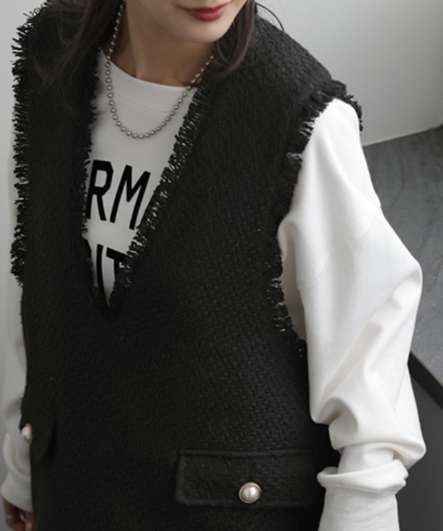 HUG.U（ハグユー） ベスト ジレ パールボタン付き ツイードVネック