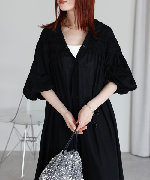 ＆HALF シャツワンピース インド綿ピンタックロングワンピース