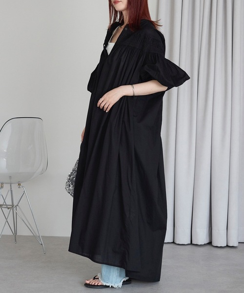 ＆HALF シャツワンピース インド綿ピンタックロングワンピース