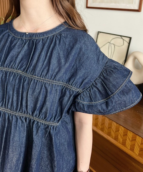 moment+ ブラウス シャツ ライトオンスデニム2WAYシャーリングリボン