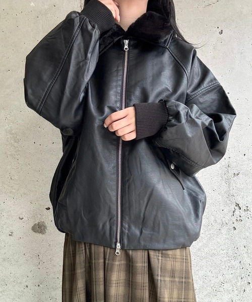 ブルゾン アウター 2wayボア付きフェイクレザージャケット