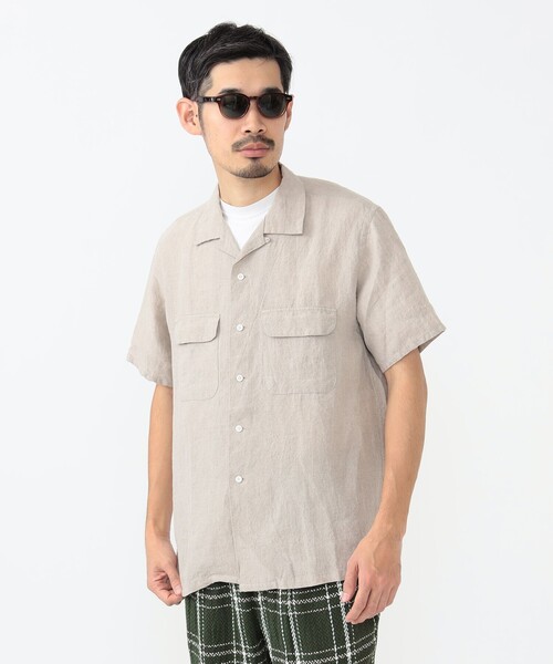 【レア未使用に近い】BEAMS＋リネン混オープンカラー半袖シャツ爽やかなホワイト レア未使用に近い】BEAMS＋リネン混オープンカラー半袖シャツ
