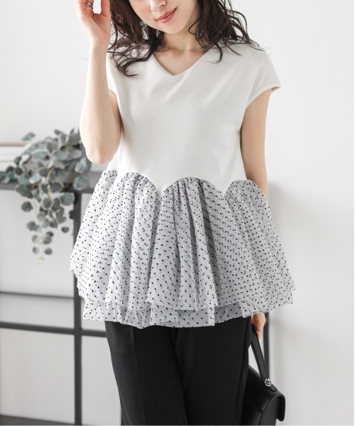 最終値下げfitmore♡ドットチュールドッキングペプラムニット　ホワイト ドットチュールドッキングペプラムニット【宅配便】 | Fit more