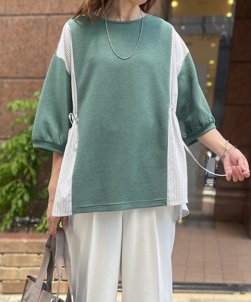 ikka（イッカ） tシャツ 異素材切り替えサイドリボンプルオーバー