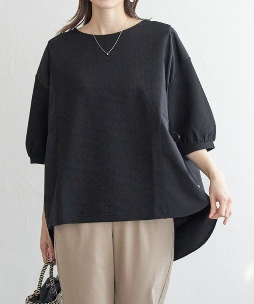 RISLEY 異素材切替 プリーツ Tシャツ ブラック カーキ ikka（イッカ） tシャツ 異素材切り替えサイドリボンプルオーバー