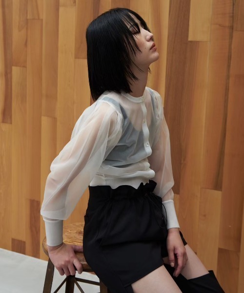 カーディガン sheer puff sleeve cardigan レディース