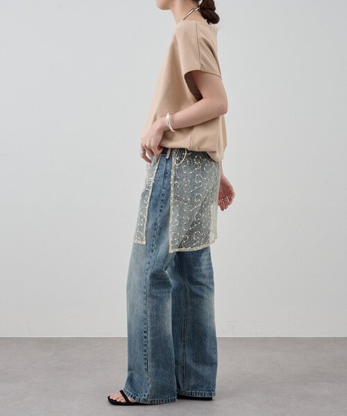 トレーナー スウェット SHIRRING TULLE DOCKING SWEAT レディース moment+ トレーナー スウェット 裏起毛落書き刺繍スウェット