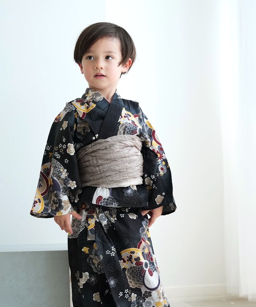 浴衣 キッズ浴衣3点セット 男の子 ニコアンティーク 大正浪漫ブラックに夢幻ねじり梅 キッズ 子供 男の子の画像