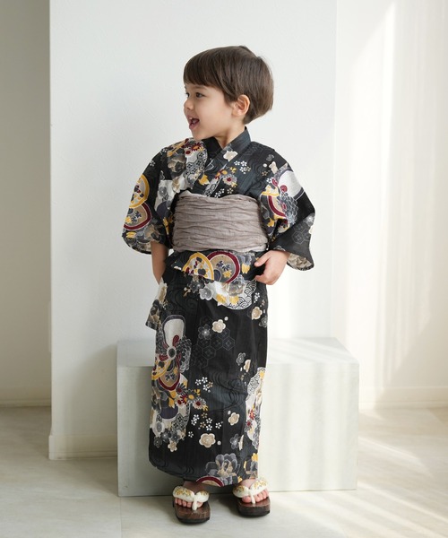 浴衣 キッズ浴衣3点セット 男の子 ニコアンティーク 大正浪漫ブラックに夢幻ねじり梅 キッズ 子供 男の子の画像