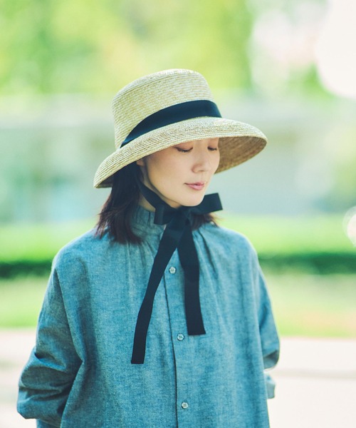 田中帽子 黒リボン 田中帽子店Ciel シエル 麦わら クロッシェ 婦人用帽子 田中帽子