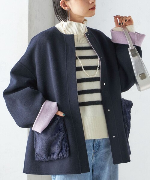 SHIPS ウールダブルフェイスノーカラーコート　36 ネイビー　ゆったり SHIPS（シップス） ノーカラーコート 36 ネイビー レディース