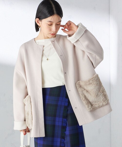 SHIPS（シップス） ノーカラーコート 36 ネイビー レディース