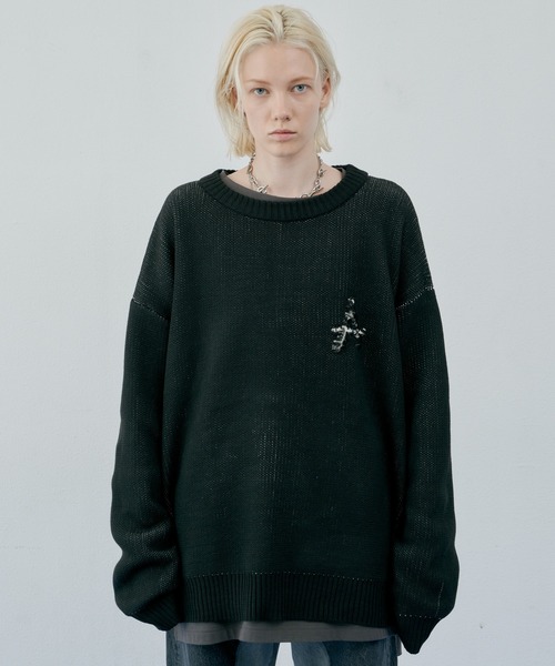 「AIVER」 長袖ニット SMALL ホワイト×ブラック メンズ_画像2