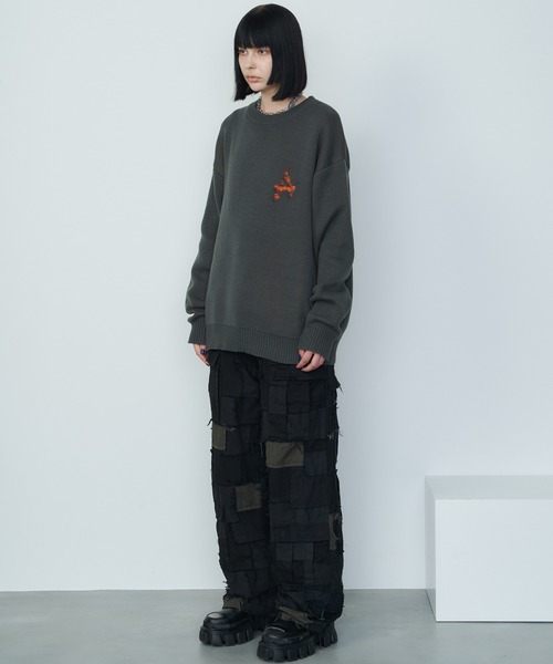 「AIVER」 長袖ニット SMALL ホワイト×ブラック メンズ_画像3