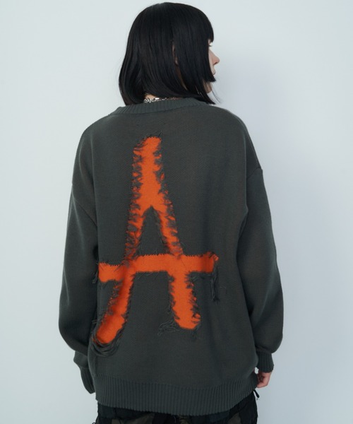 「AIVER」 長袖ニット SMALL ホワイト×ブラック メンズ_画像4