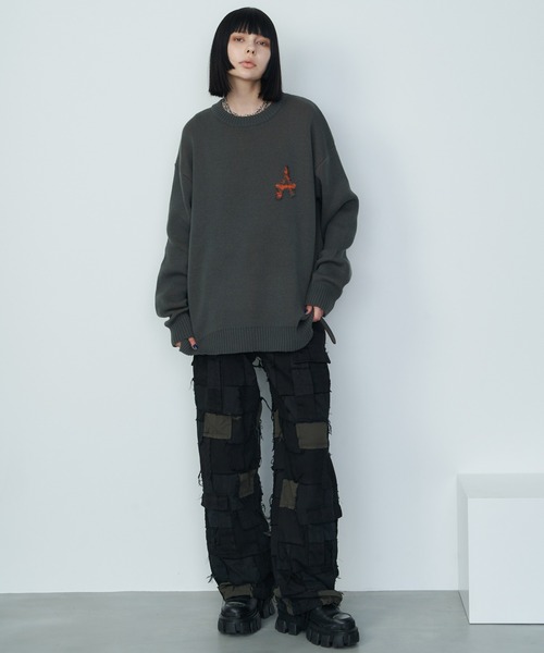 「AIVER」 長袖ニット SMALL ホワイト×ブラック メンズ_画像8