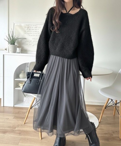 フィジカルドロップ　長袖カフェワンピース　レギュラーサイズ　黒 classicalelf（クラシカルエルフ） コンビワンピース X-LARGE ブラック