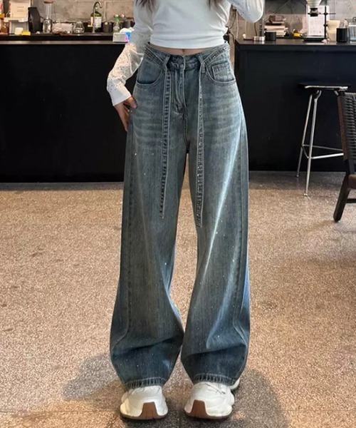 ジーンズ デニム デニムパンツ ラインストーンストレートデニムパンツ レディース | LACーVERT