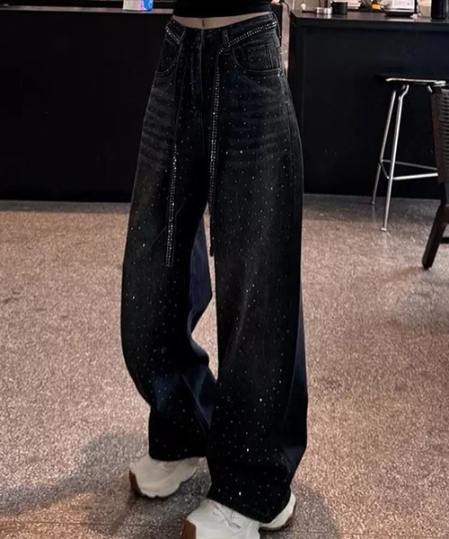 ジーンズ デニム デニムパンツ ラインストーンストレートデニムパンツ レディース | LACーVERT | 01