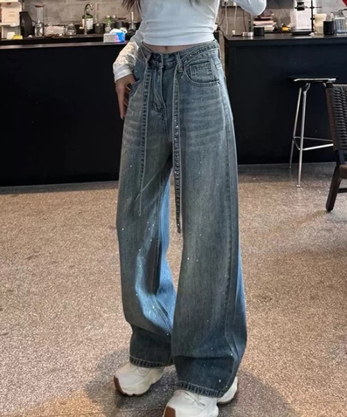 ジーンズ デニム デニムパンツ ラインストーンストレートデニムパンツ レディース | LACーVERT | 05