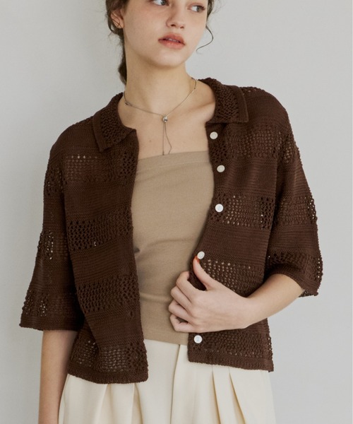 OLUN 透かし編みサマーニットカーディガン ナチュラル OLUN サマーニット ニット セーター crochet summer knit cardigan