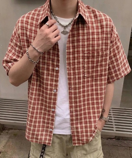 WYZ シャツ 半袖 オーバーサイズチェック柄半袖シャツ/ユニセックス