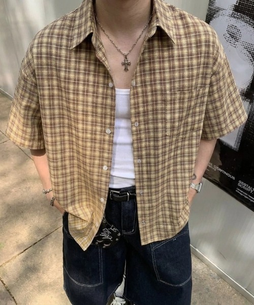 2枚セット  半袖シャツ チェック XXL WYZ シャツ 半袖 オーバーサイズチェック柄半袖シャツ/ユニセックス