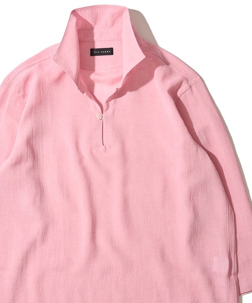 美品 イタリア製 ボリエッロ リネン カプリシャツ Mピンク 開襟 スキッパー TETE HOMME（テット オム） シャツ 展開店舗限定 リネンライク