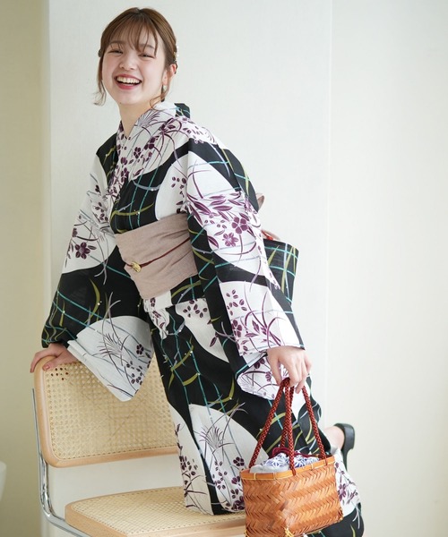 人気デザイナー utatane 浴衣 浴衣3点セット 黒地に紫の桔梗と露芝 レディース 着物・浴衣
