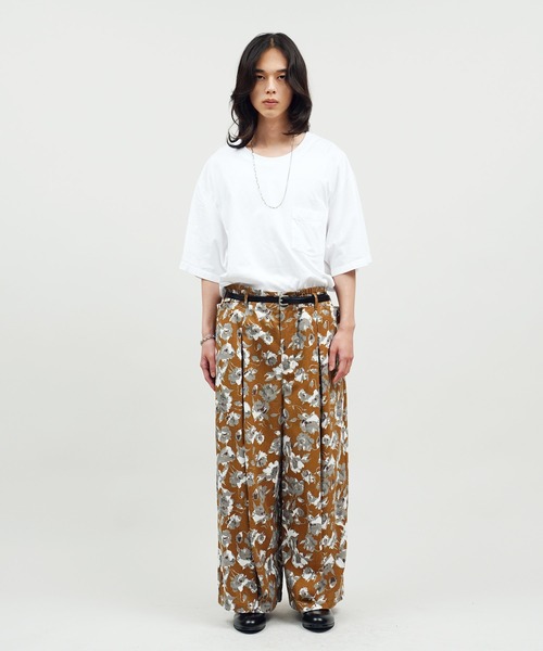 Aphlotus パンツ 麻混 フラワープリント イージー タック バギーパンツ