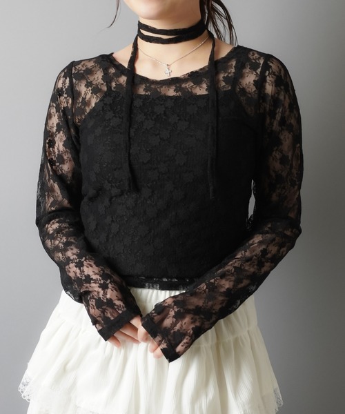 シェアースピリット　長袖　カットソー　レース　刺繍　メッシュ　レイヤード　ロゴ シェアースピリット 長袖 カットソー レース 刺繍 メッシュ レイヤード