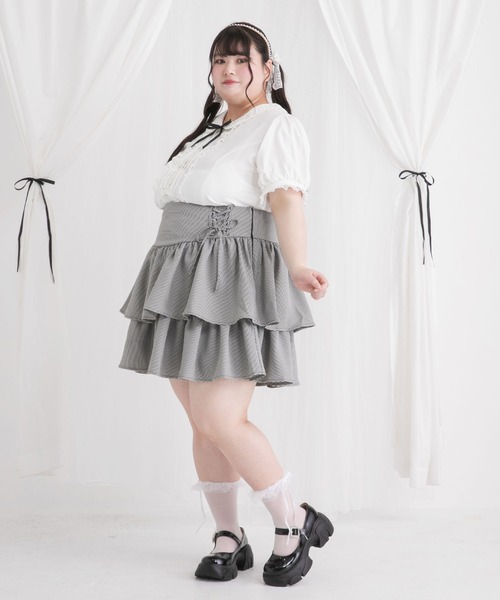 【お値下げ可】 pium レースアップフリルティアードミニスカート ピンク シフォンフリルティアードスカート – pium