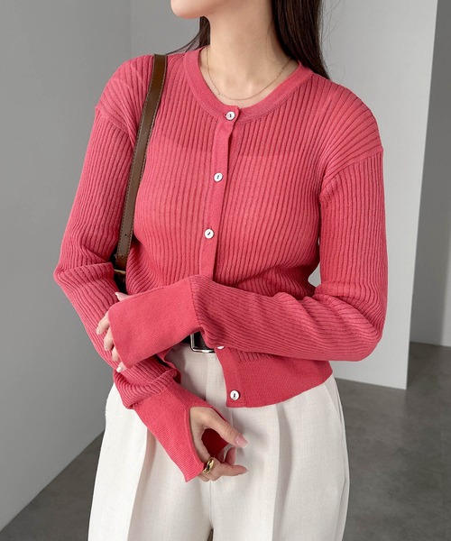 andme カーディガン ショート丈シアーリブニットカーディガン