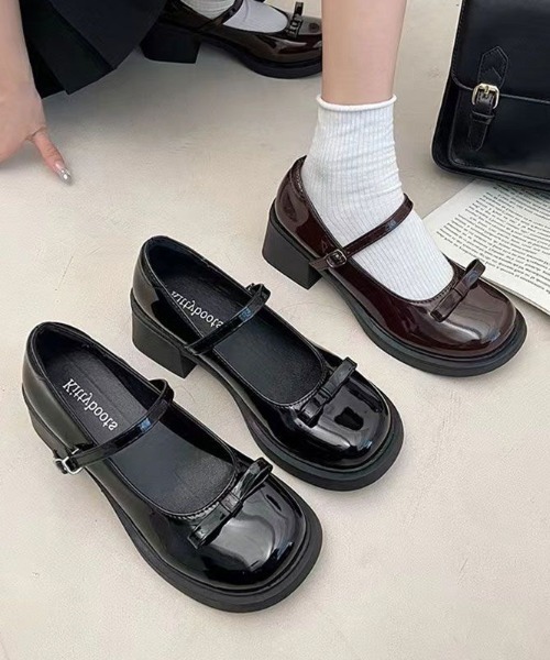チャールズアンドキース メリージェーン ストラップ付きパンプス 厚底 リボン パンプス リボン付きストラップメリージェーン厚底ヒール