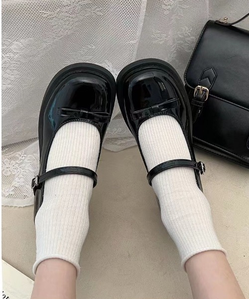 パンプス リボン付きストラップメリージェーン厚底ヒール